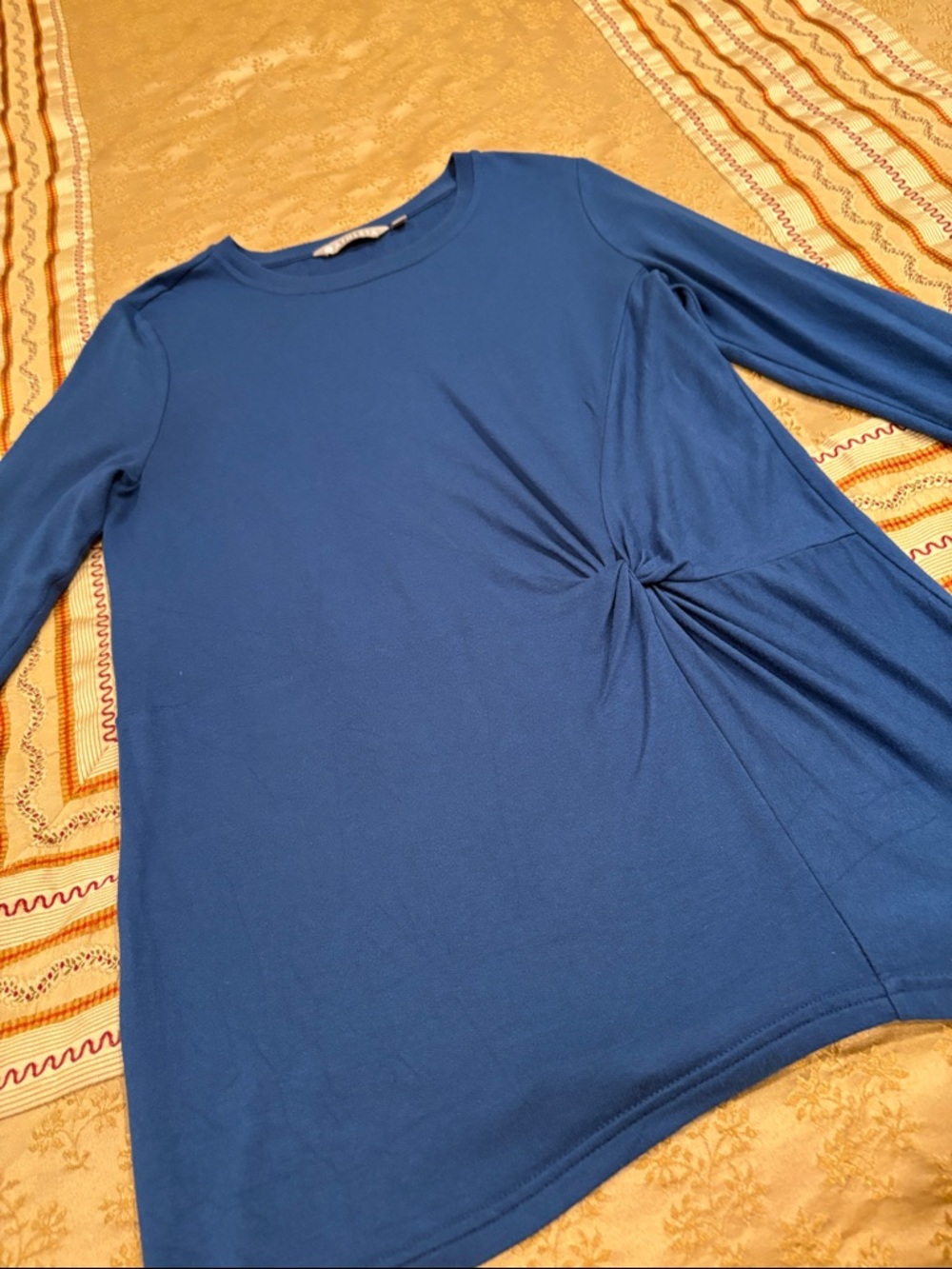 Athleta Midnight Blue Tunic Crewneck Top, Gathered at Side, Long Sleeves, S